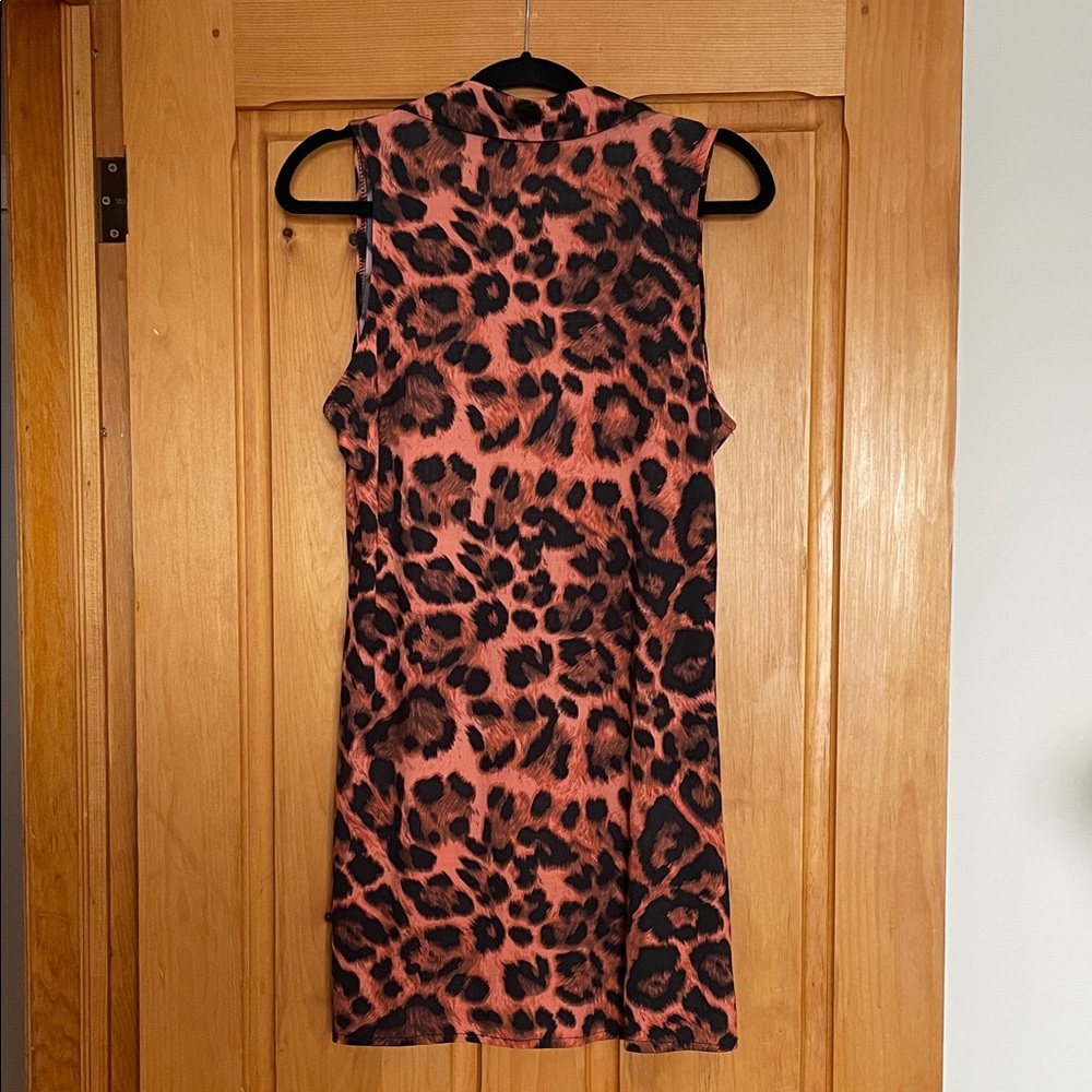 M-L.  Silky Leopard Print Sleeveless Mini Dress - Picture 3 of 6